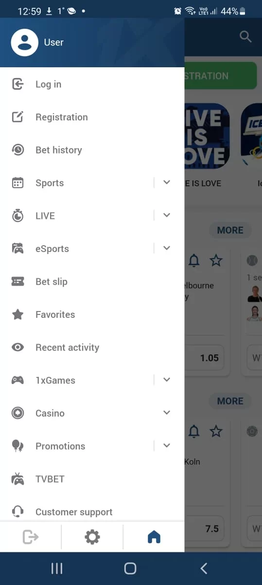 screenshot of 1xbet betting app interface
